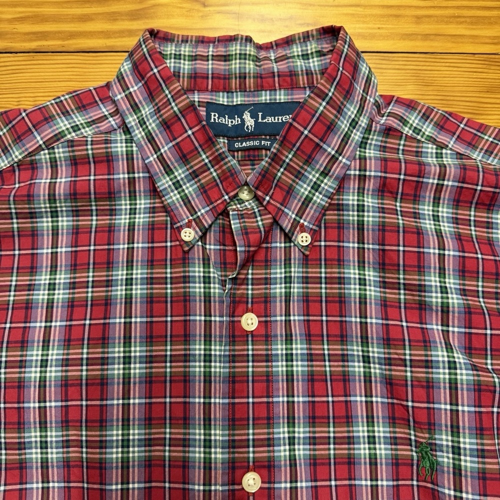 Ralph Lauren Shirt Mens Large Classic Fit Red Plaid LS Button Down Green Pony